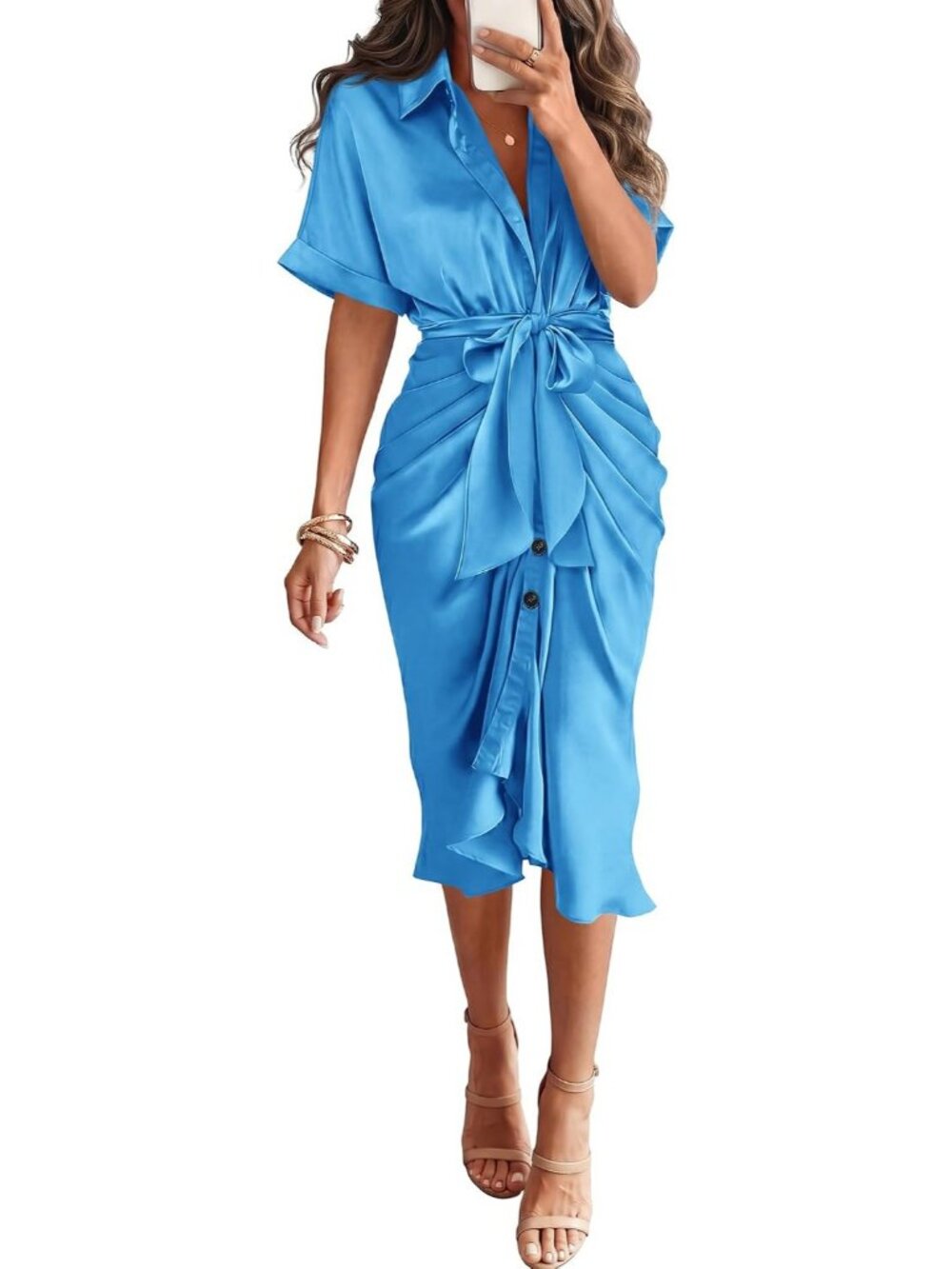 Women's Aqua Blue Short Sleeve Button Down Tie Waist Silk Satin Maxi Dresses